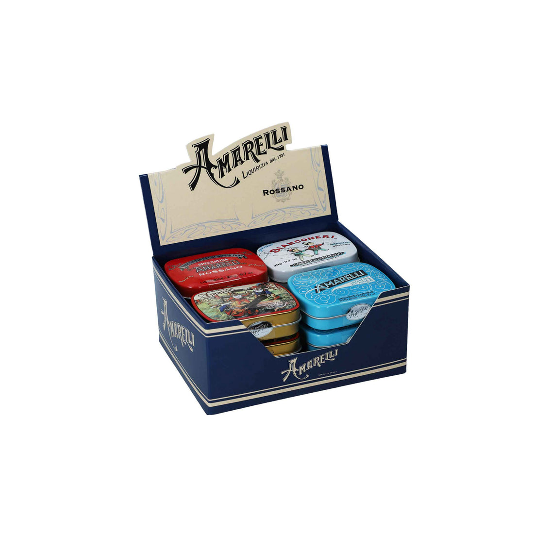 Amarelli Lakritz-Display mit 4 Sorten Lakritz 20g Dosen