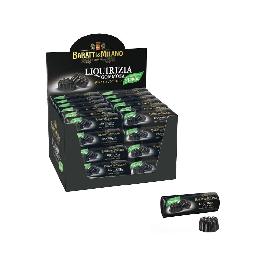 Display von weichen Lakritzen ohne Zucker vom Hersteller Baratti &amp; Milano