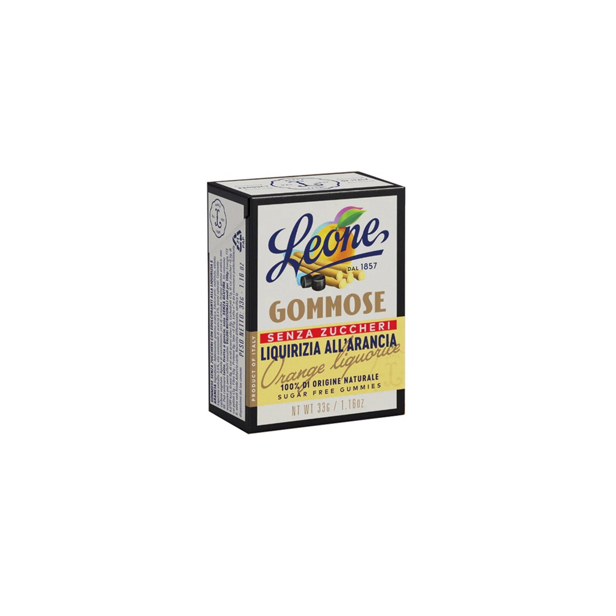 Leone Schachtel mit Gommose ohne Zucker und mit Orangen-Lakritz